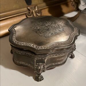 Jewelry Box Silver Plated - Lion Feet - Antique - Red Velvet Inside & Bottom VTG
